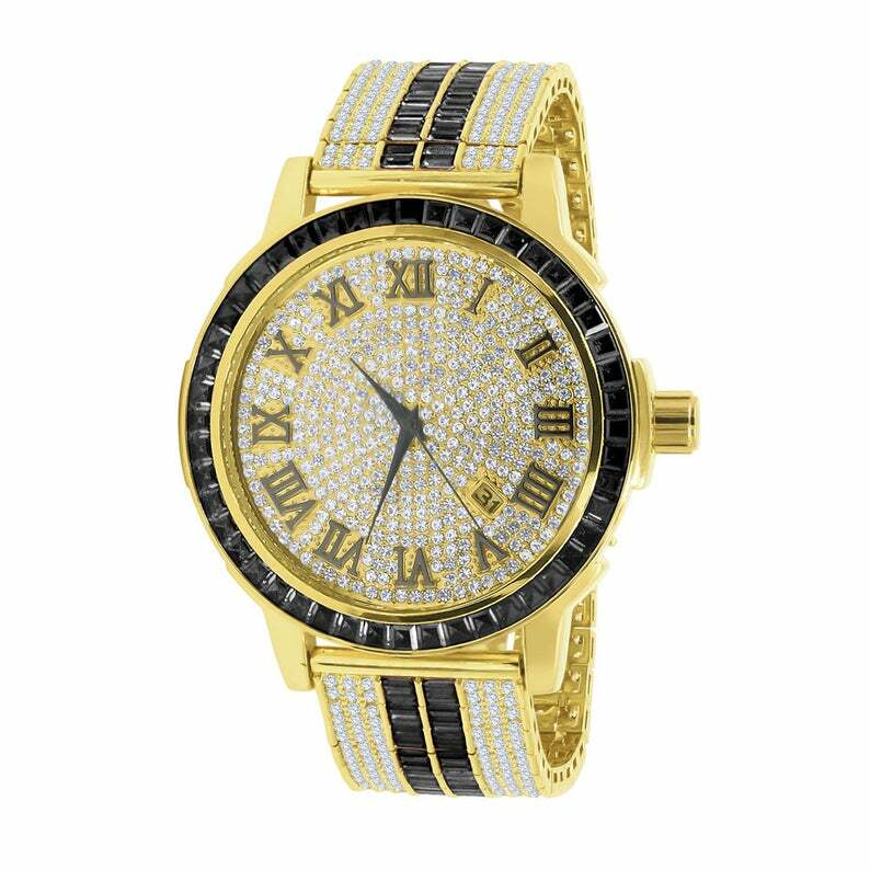 Pre-owned Ice House Black Onyx Roman Numeral Dial Gold Tone Simulate Diamond Solid Steel Bezel Watch