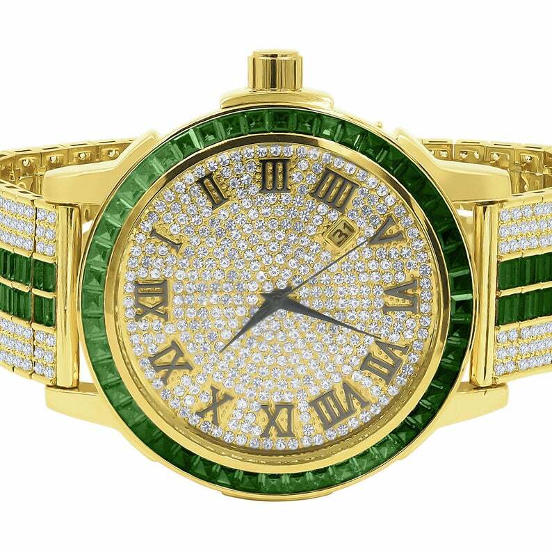 Pre-owned Ice House Emerald Green Roman Numeral Dial Simulate Diamond Solid Steel Bezel Custom Watch