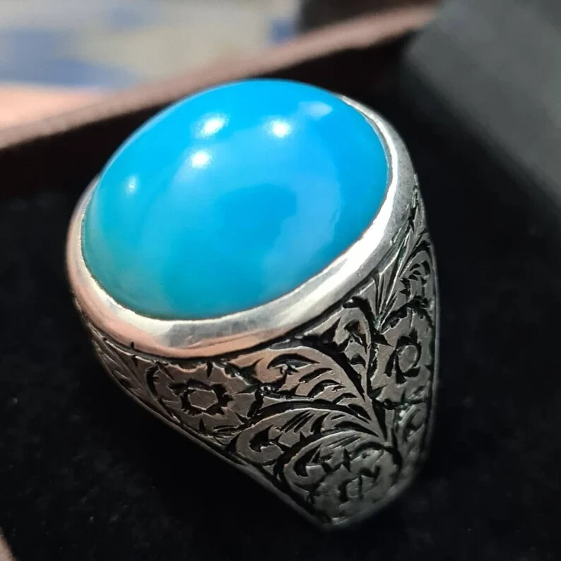 Pre-owned Handmade Natural Turquoise Ring Feroza Rings Mens Feroza Gemstone Rings Neyshapuri Feroza