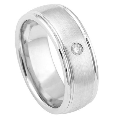 COBALT MEN'S DOMED BRUSHED CENTER SHINY STEPPED EDGE DIAMOND BAND RING 8mm S 9