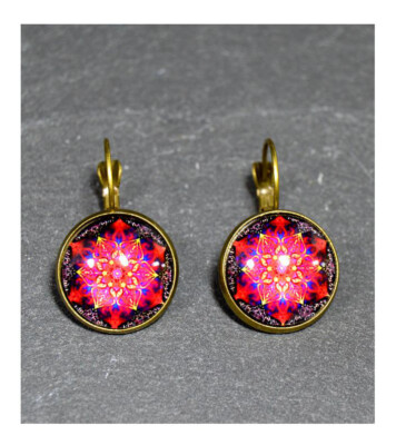 Vintage Brisure Boucles D'Oreilles Cabochon Rond Étoile Verre Mandala Cuivre