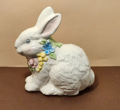 Vintage HTF Ceramic White Easter Bunny Rabbit with Flowers BRN Designs Tawain