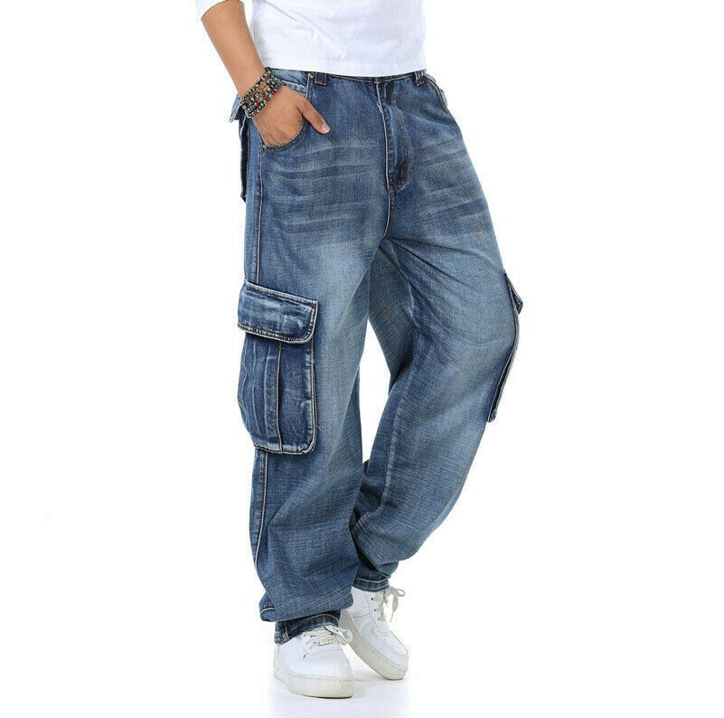 Herren Hip-Hop Jeans Denim Cargohose Baggy Lockere Hose Skateboard Tasche