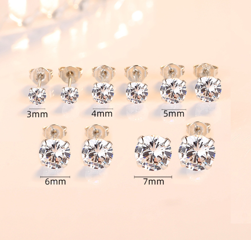 Solid 925 Sterling Silver Round Cubic Zirconia Clear CZ Stud Earrings 2-8mm