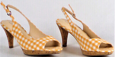 AUBREY LYNN size 8 orange/white plaid high-heel open-toe slingback pumps 