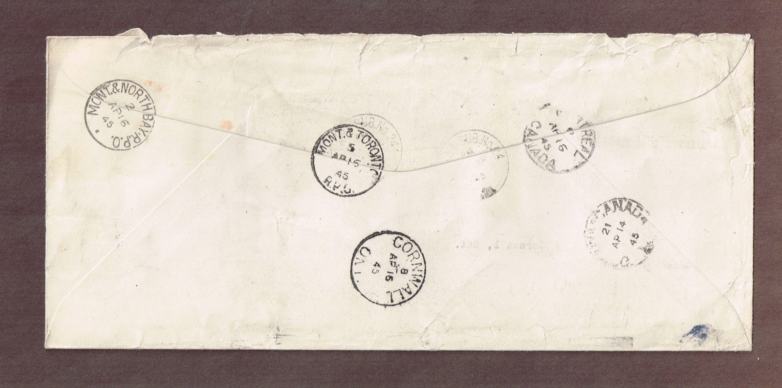 Canada 1945 Triple weight Registered War Issue cover A Circuitous route wi RPOs