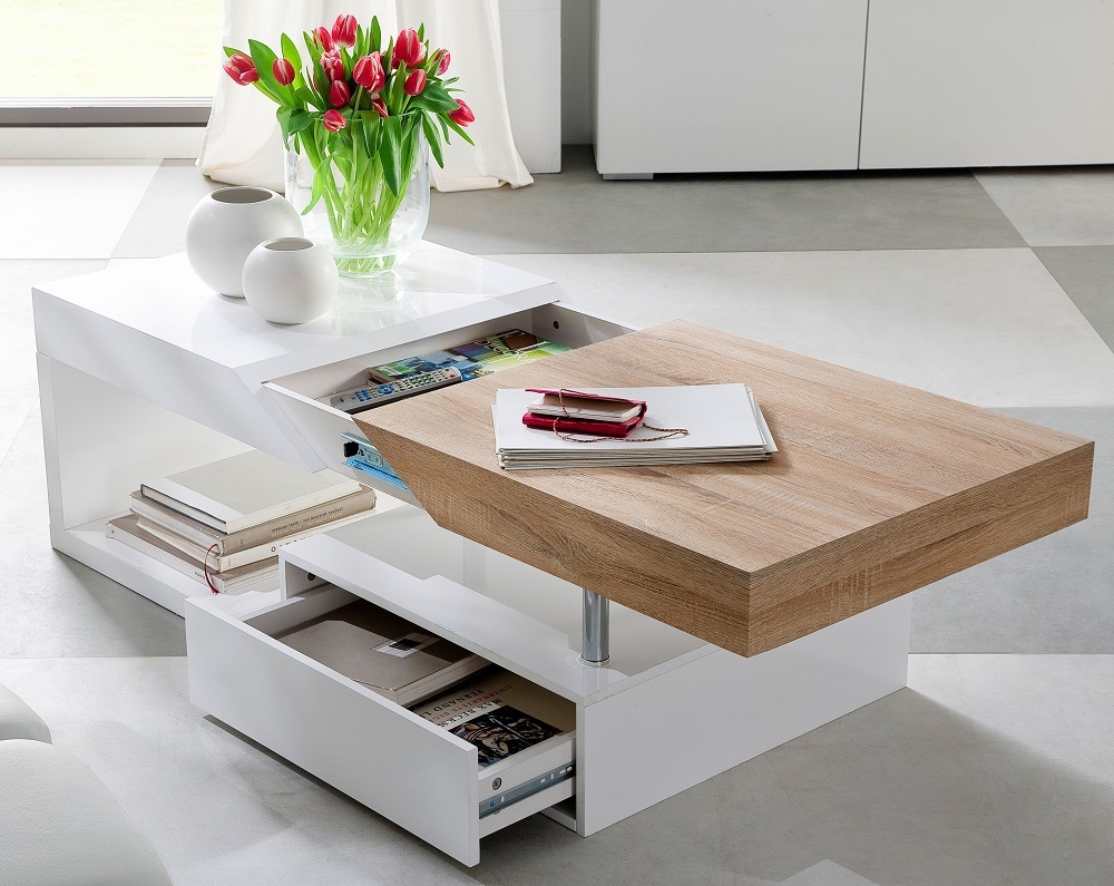 Hope Couchtisch Beistelltisch weiss Hochglanz Eiche Stauraum
