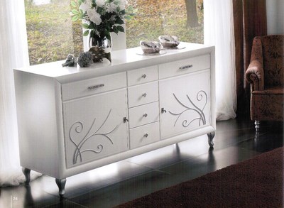 CREDENZA  CONTROMOBILE  MADIA SOGGIORNO BIANCO CON PROFILI IN FOGLIA ARGENTO