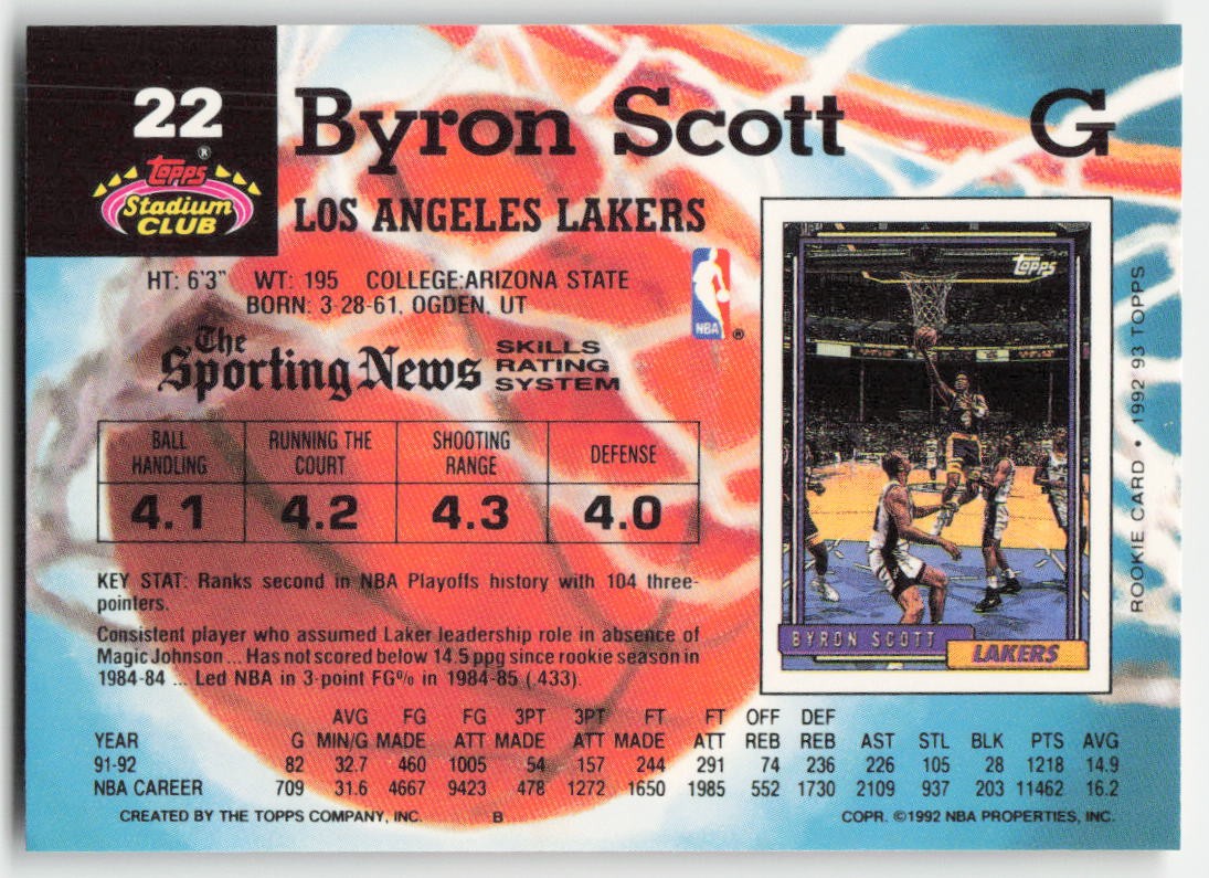 1992-93 Stadium Club #22 Byron Scott Los Angeles Lakers BK1R1S10