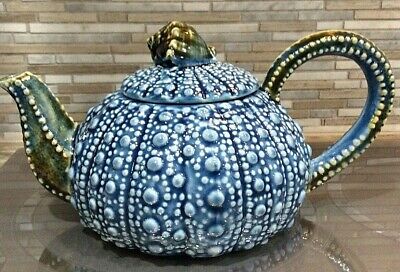 Blue Tea Pot Collectible Sea Urchin Ceramic Kitchen Art Seashell BEACHY Artsy