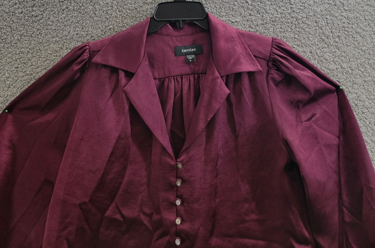 Karen Kane Shirred Blouse Women's S Wine Solid Collared Long Sleeve Button Front - Picture 3 of 15