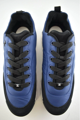 Pre-owned Chanel 21a Mens Blue Black White Cc Logo Lace Up Low Top Trainer Sneaker 44 11
