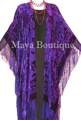 Pre-owned Maya Matazaro Purple Caftan Duster Fringe Jacket Kimono Opera Coat Burnout Velvet Maya Plus