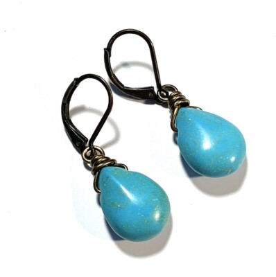 Turquoise Earrings Wire Wrapped Turquoise Briolette Teardrop Brass Wire Earrings