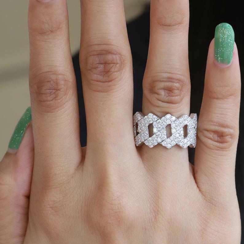 Pre-owned Online0369 1.18ct Round Cubic Zirconia Men's Cuban Link Ring Silver Yellow Gold Plated In White