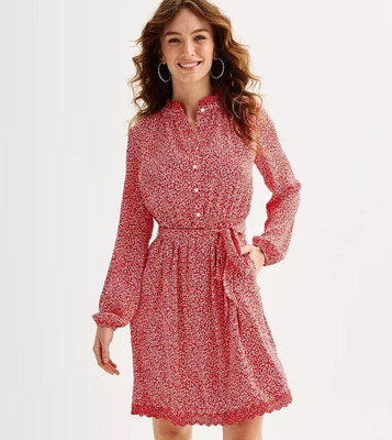 NWT Women's - Draper James RSVP Red Button Front Shirt Dress With Belt, Large
