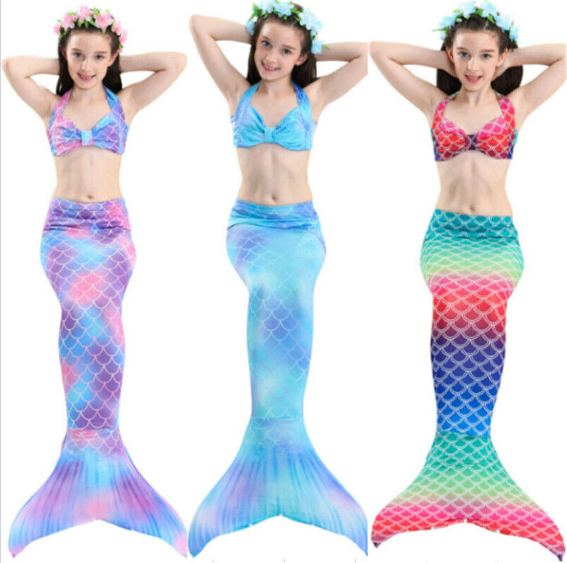 Kids Girls Mermaid Tail Swimmable Swimming Bikini Swimear 3Pcs Swimsuit Costumes