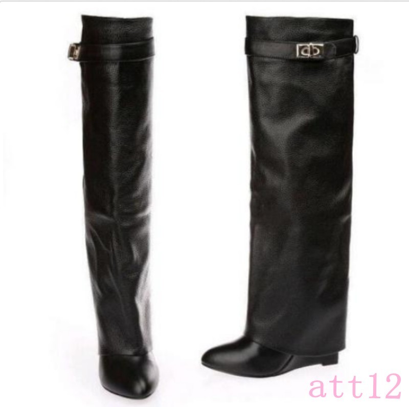 42 Womens Chic Wedge Heel Leather Fold Over Knee High Boot Fold Over Boot Shoes
