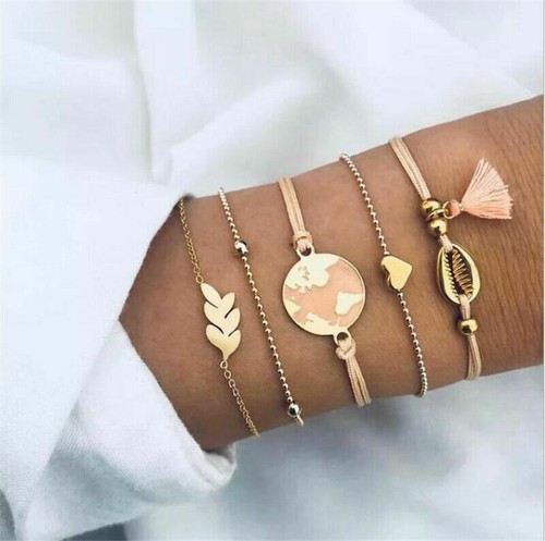 Fashion 5Pcs Women Boho Natural Stone Bead Map Bracelet Bangle Chain Jewelry New