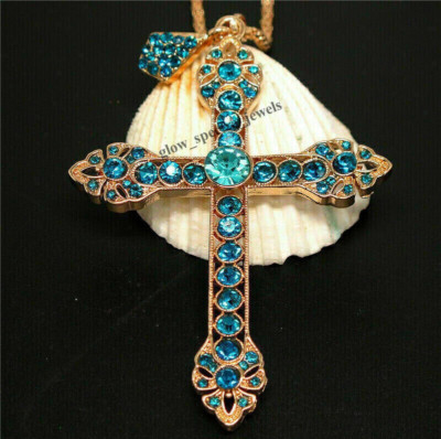 4Ct Round Simulated Blue Topaz Holy Cross Pendant 14K Rose Gold PlatedFree Chain