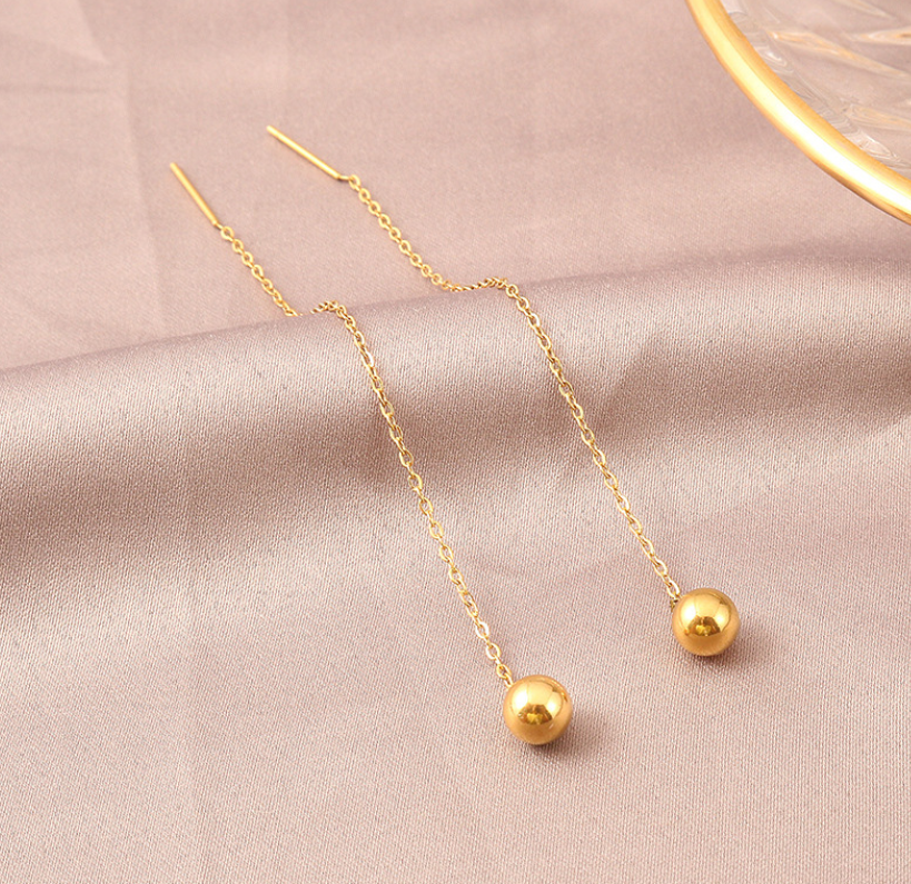 Minimalism Gold Threader Tassel Earrings Stainless Steel 4mm Ball 3" Chain PE9