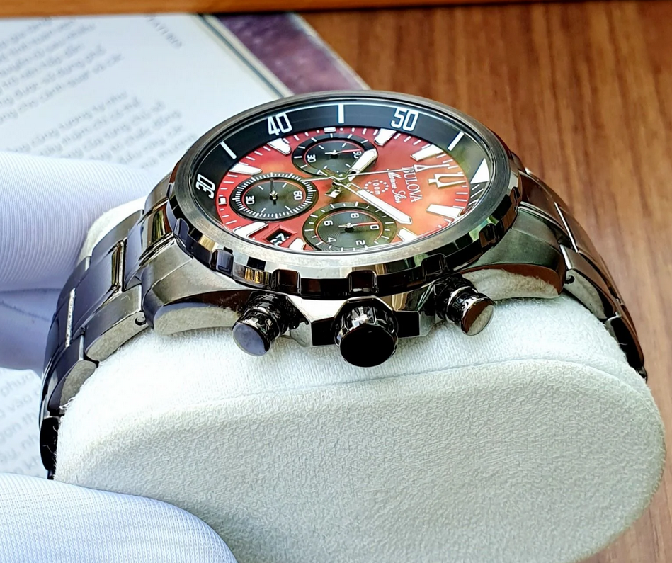 Pre-owned Bulova Marine Star Red Dial Chronograph Stainless Steel Men's Watch 98b350