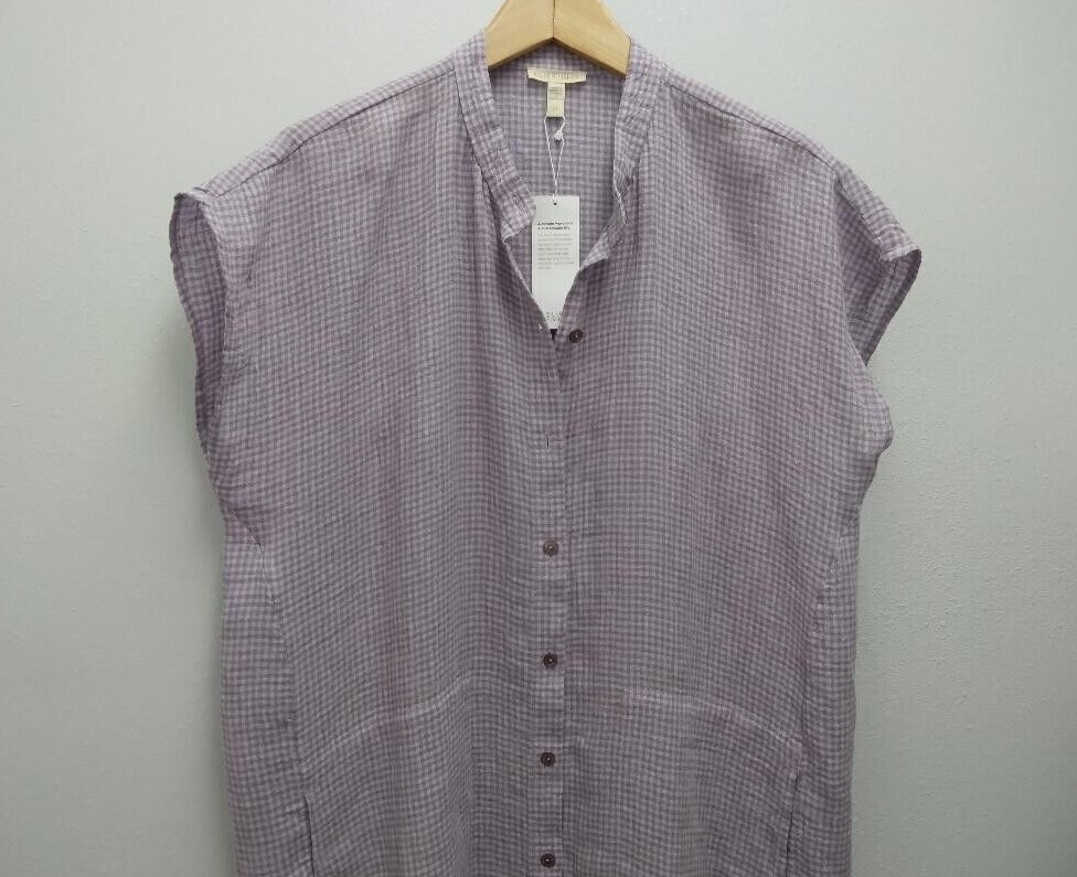 Pre-owned Eileen Fisher Size M, L, Xl Misty Lilac Puckered Organic Linen Dress In Purple