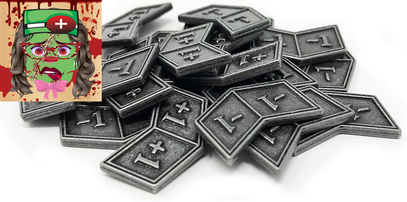 MTG Buff Counters +1/+1 and -1/-1 Set of 20 Metal Tokens - with Velvet Drawstring Pouch, Antique Silver Finish Metal Tokens, Magic: the Gathering, Gray