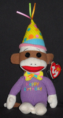 TY HAPPY BIRTHDAY SOCK MONKEY BEANIE BABY - MINT with MINT TAGS
