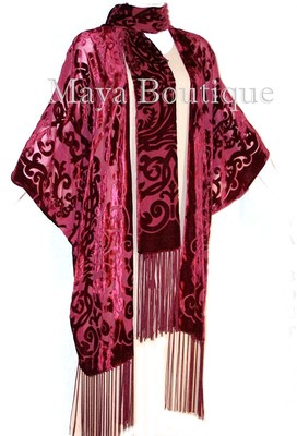 Pre-owned Maya Matazaro Art Nouveau Deep Red Caftan Kimono Burnout Velvet  Made In Usa