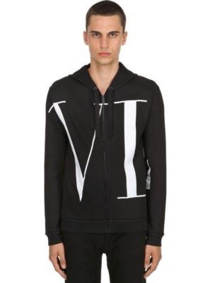 【関税&送料込】Valentino Hoodie NEW VALENTINO MEN'S BLACK COTTON VLTN LOGO HOODIE ZIPPER