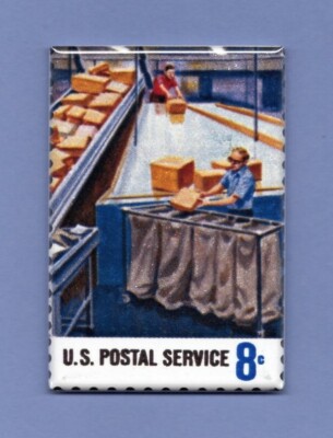 1973 POSTAL SERVICE EMPLOYEES *2X3 FRIDGE MAGNET* USPS PHILATELIC PARCEL SORTING