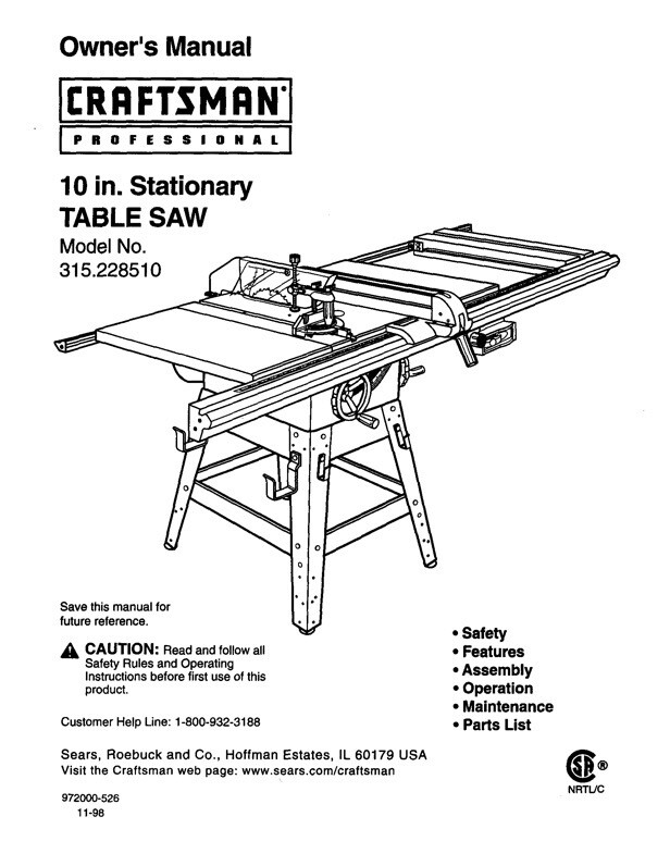 Owner's Manual for Sears Craftsman 10” Stationary Table Saw - Model 315.228510