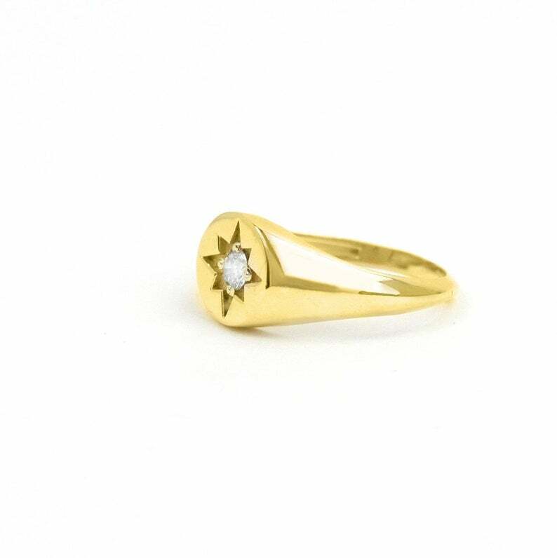 Pre-owned Handmade Diamond Star Signet Ring / Estelle / 14k & Diamond / White, Yellow, Rose Gold