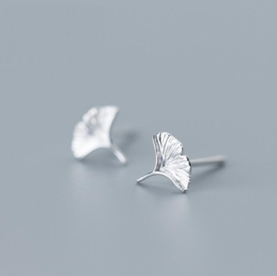Adorable Silver SP Tiny Ginkgo Biloba Leaf Stud Earrings