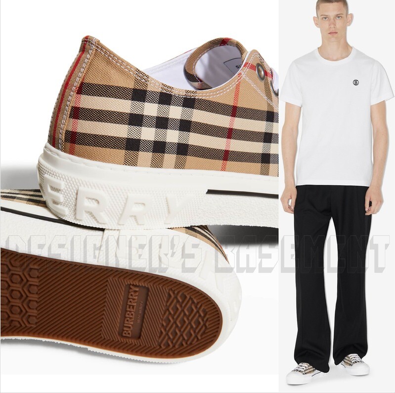 Pre-owned Burberry Archive Beige Check Canvas 44eu/10uk Rubber Logo Jack Sneakers $650 In Brown