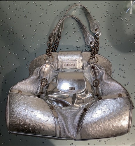 AUTHENTIC VERSACE METALLIC SILVER LEATHER & OSTRICH LEATHER