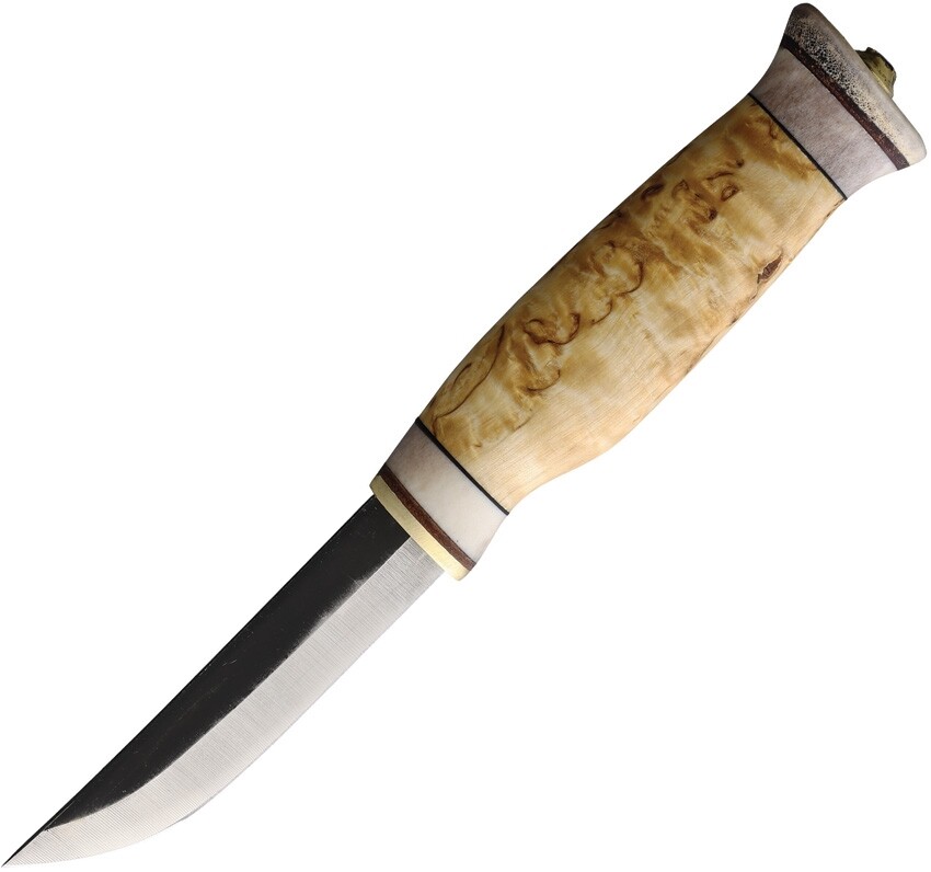 Wood Jewel Vuolu Knife 3.75" Carbon Steel Blade Curly Birch Handle wBrown Sheath