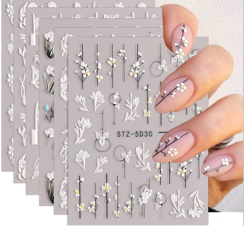 5D Embossed Tulip Camellia Flowers Leaf Nail Stickers Water Sliders