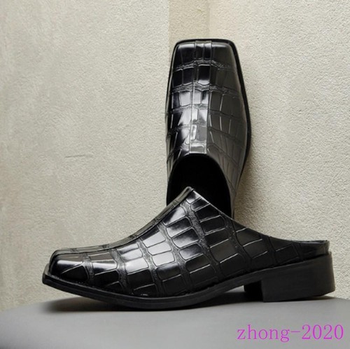 Men's Leather Stone Pattern Casual Mules Slip on Square Toe