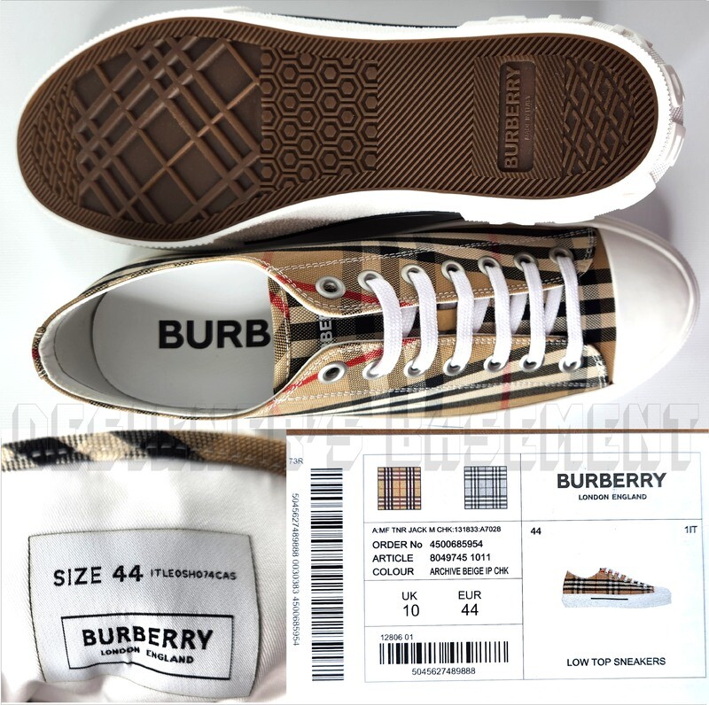 Pre-owned Burberry Archive Beige Check Canvas 44eu/10uk Rubber Logo Jack Sneakers $650 In Brown