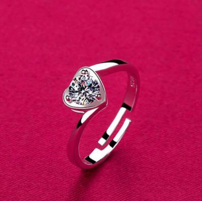 Pave Cubic Zirconia Silver Adjustable Solitaire Heart Ring