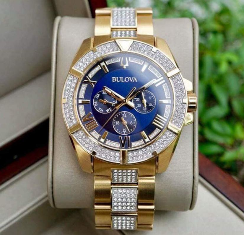 Pre-owned Bulova Octava 98c128 Crystal Six Hand Blue Dial Dress Men's Watch
