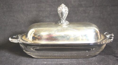Vintage 1847 Rogers Bros IS Silver Plated Lid Glass Base Covered Butter Dish