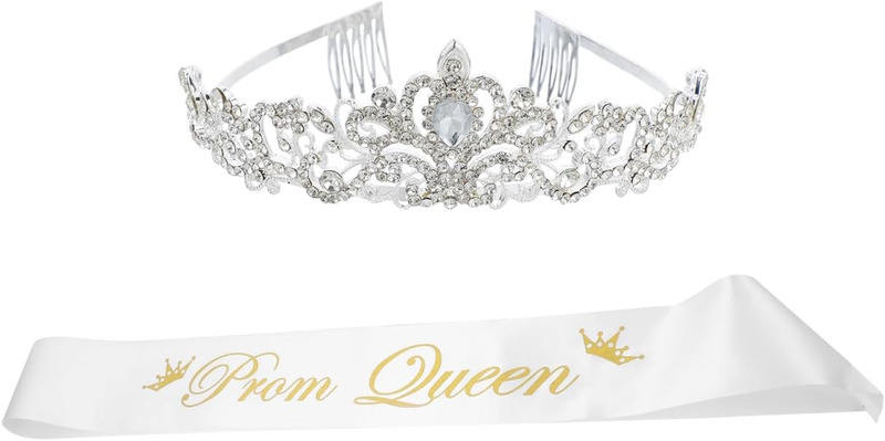 Prom Queen Sash Crown Set with Silver Rhinestones 2-Piece Wedding Party Headdres