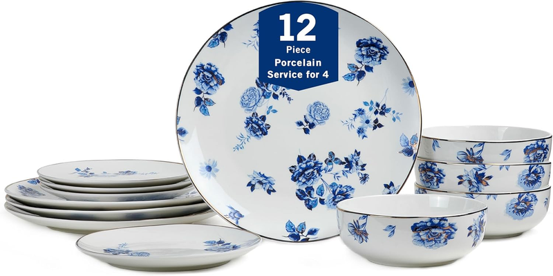 Viola 12-Piece Dinnerware Set Porcelain, Plates and Bowls Set, Dish Set for 4, Microwave and Dishwasher Safe, Blue