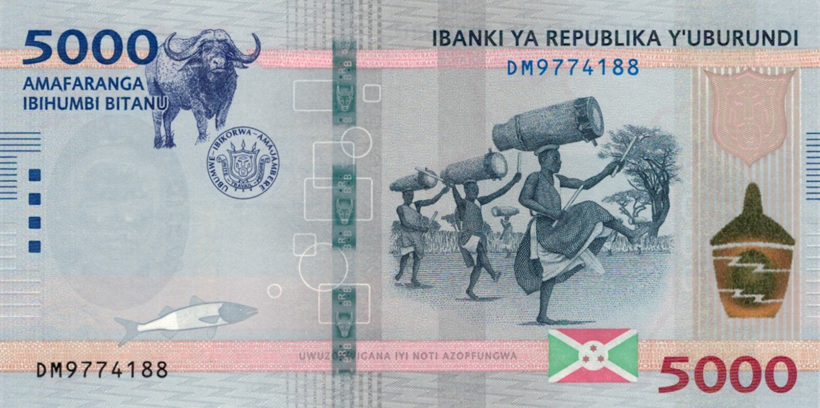 Burundi 5000 Francs 07.11.2022 - Drummers/Water Buffalo/p-58, B244 UNC