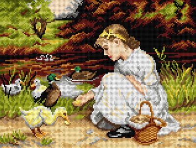 ''Sharing her Lunch'' Printed Canvas or Threads Kit for Needlepoint 2831