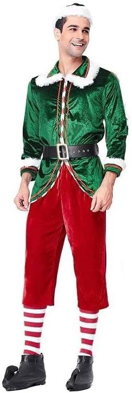 Adult Christmas Elf Costume Green Santa Claus Xmas Party Outfit for Men