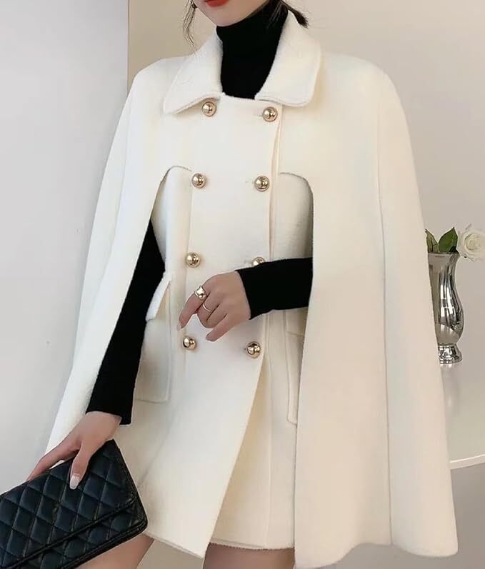 Women's Elegant Poncho Double-Breast Slit Sleeve Flowy Wool Blend Cape Cloak Coa